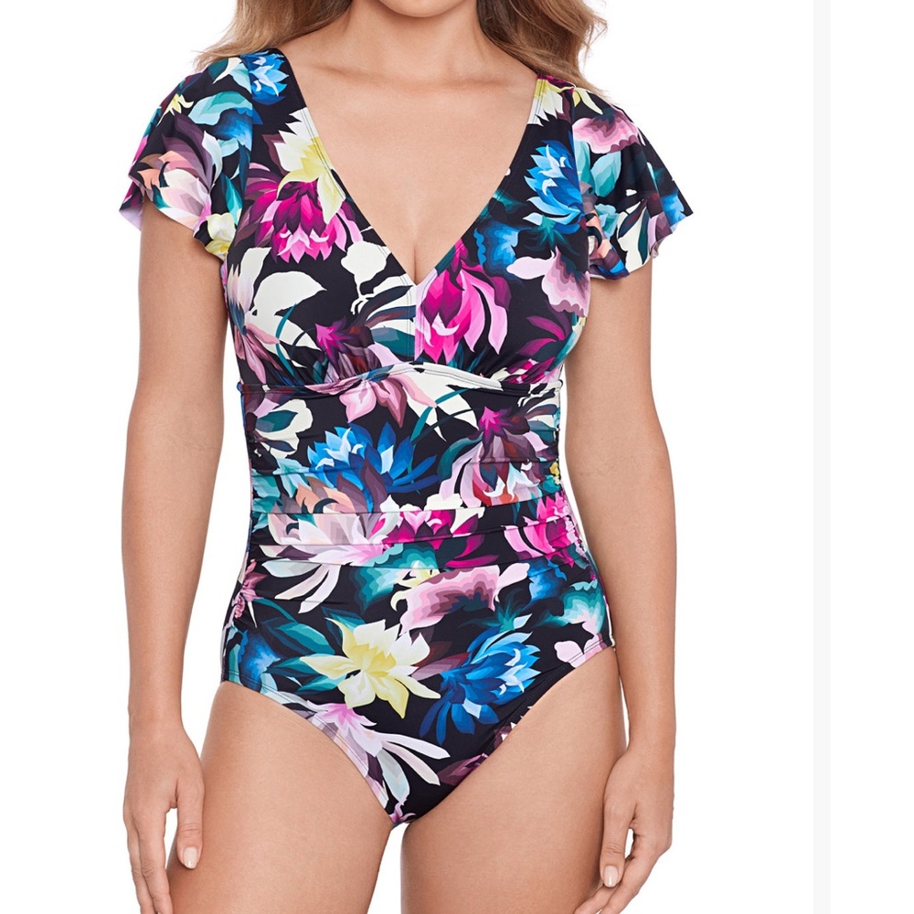 Swim Solutions Floral-Print Flutter-Sleeve OnePiece Swimsuit